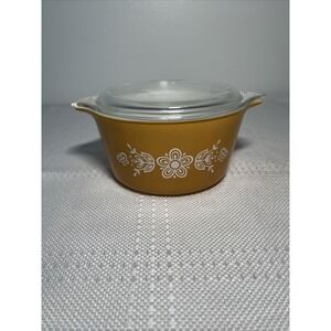Vintage Pyrex #473 Casserole Dish Golden Honeysuckle 1.5‎ Pint Round w/ Lid